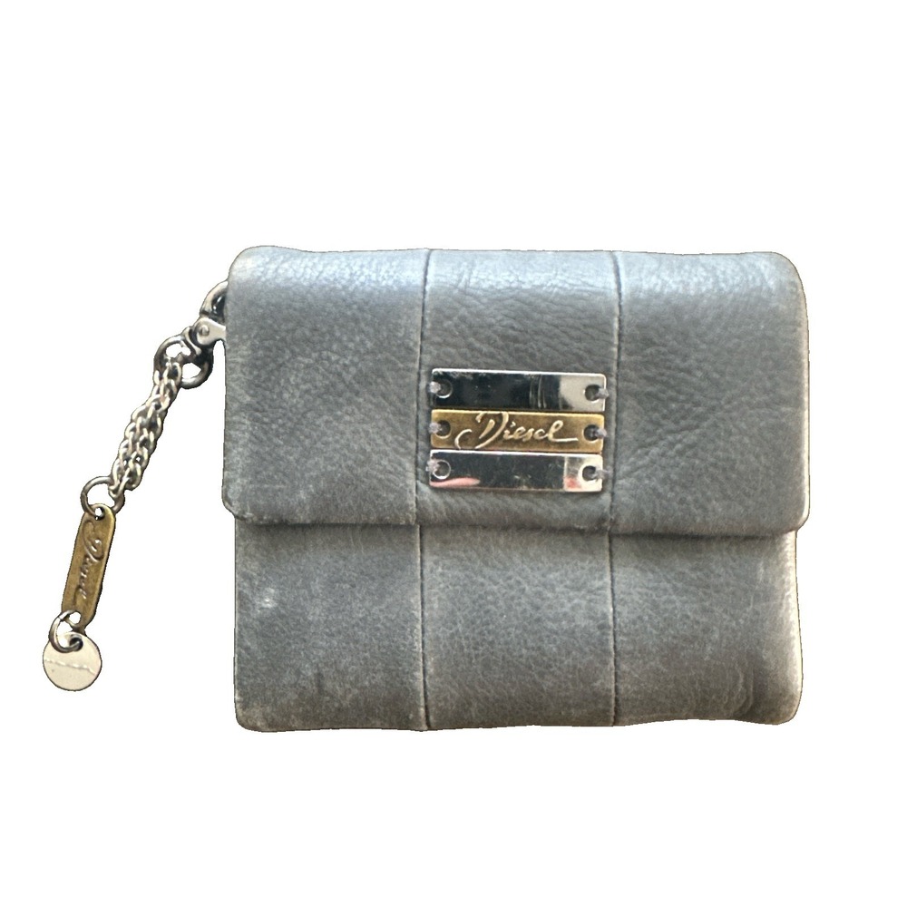 DIESEL Trifold Leather Wallet Navy Metal Logo Charm Rare Vintage
